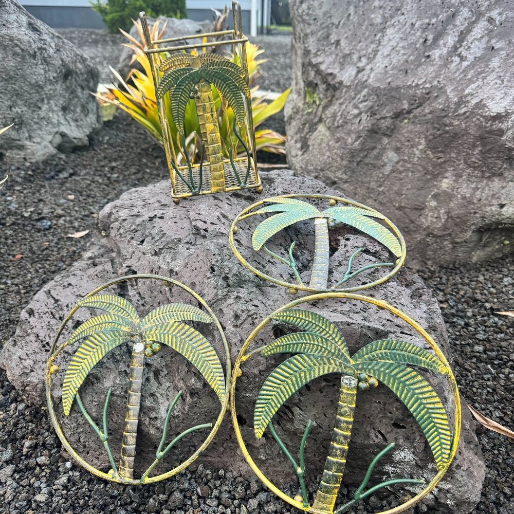 Vintage Palm Tree Metal Wall Art & Holder Set NWOT Tropical Coastal Decor